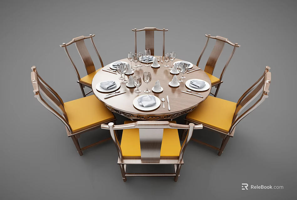 Elegant Round Dining Table Set with Wooden Chairs Yellow Seats and Tableware 3d model 