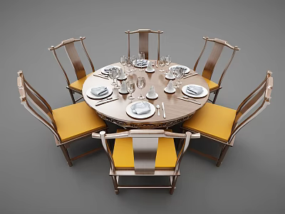Elegant Round Dining Table Set with Wooden Chairs Yellow Seats and Tableware 3d model