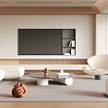 Modern Living Room Interior Design With TV Wall White Sofa Armchair Coffee Table And Rug