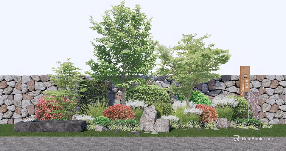 Lush Garden Shrubs With Stone Wall Trees Rocks And Colorful Foliage 3d model 