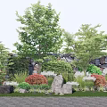 Lush Garden Shrubs With Stone Wall Trees Rocks And Colorful Foliage