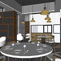 Modern Restaurant Interior With Wooden Partition Pendant Lights White Chairs And Round Tables