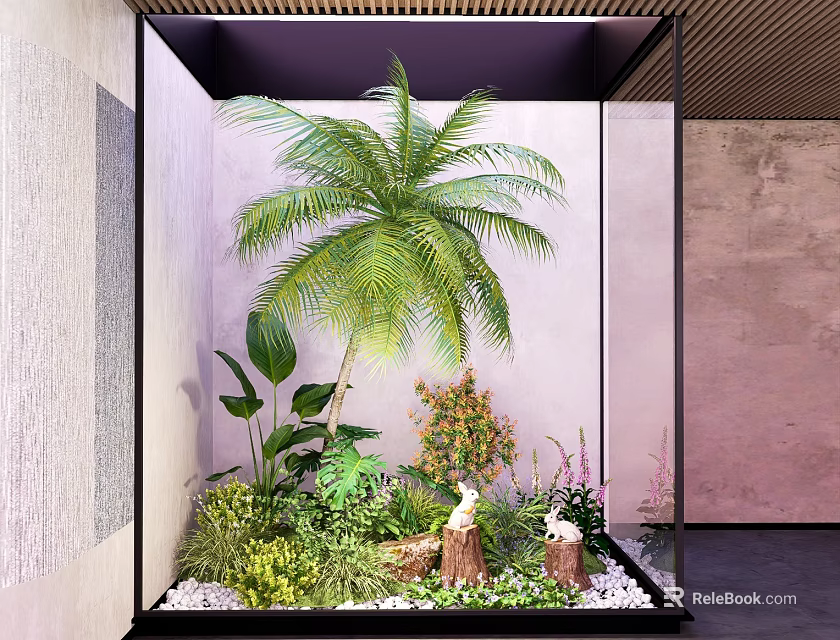Glass Enclosed Indoor Landscape Featuring Large Palm Tree Green Plants And Pink Wall 3d model 