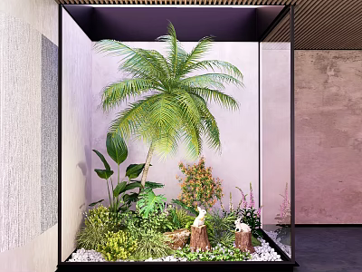 Glass Enclosed Indoor Landscape Featuring Large Palm Tree Green Plants And Pink Wall 3d model