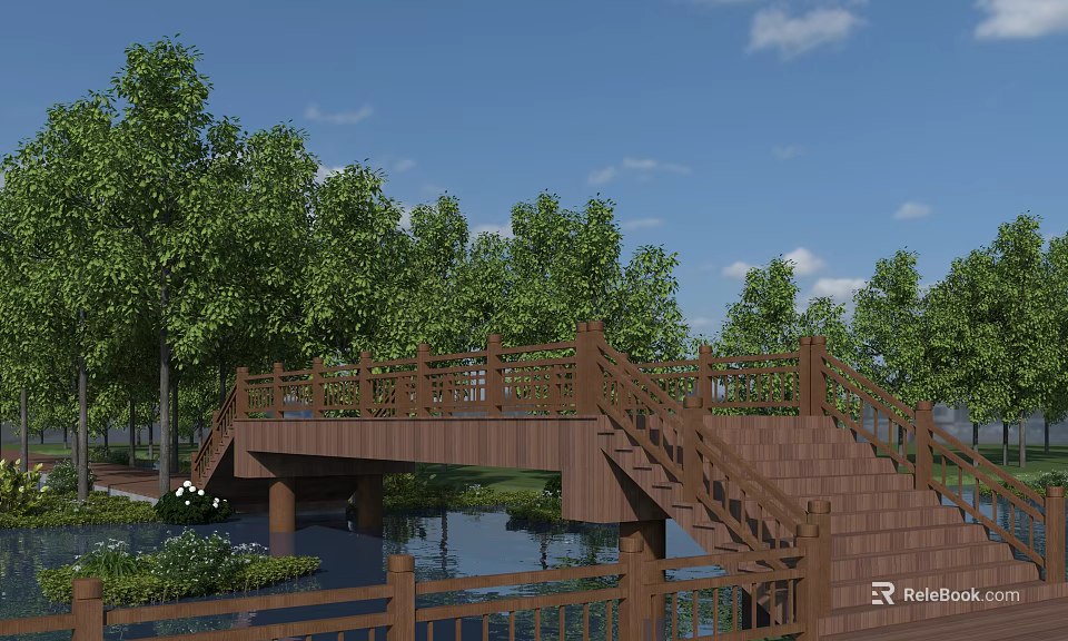 Scenic Wooden Bridge with Staircase and Green Trees Over Water Area 3d model 