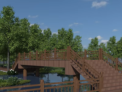 Scenic Wooden Bridge with Staircase and Green Trees Over Water Area 3d model