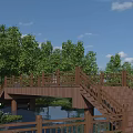 Scenic Wooden Bridge with Staircase and Green Trees Over Water Area