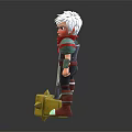 White Haired Fantasy Character With Red Scarf Holding Long Handled Weapon And Yellow Box