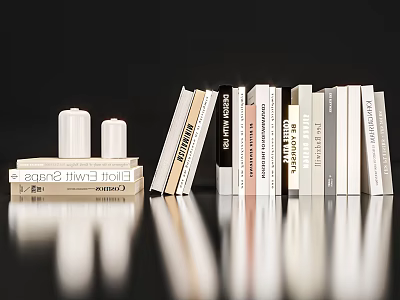 Stylish Books And Magazines Neatly Arranged With Decorative Candles On Reflective Surface 3d model