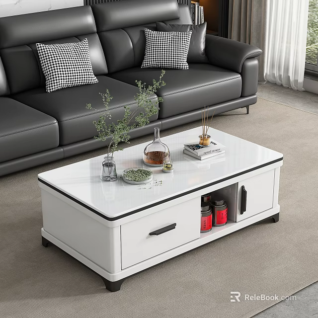White Coffee Table With Storage Drawer Open Compartment And Decorative Plants Books 3d model 