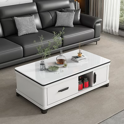 White Coffee Table With Storage Drawer Open Compartment And Decorative Plants Books 3d model