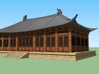 Traditional Ancient Chinese Architecture Featuring Curved Eaves Wooden Structure And Stone Steps 3d model