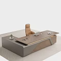 Modern Office Desk With Leather Chair Laptop Plant And Geometric Design