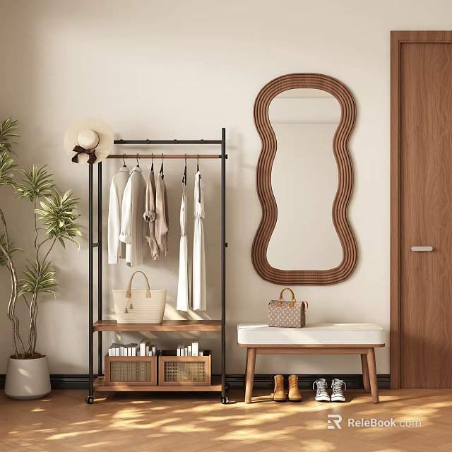 Clothes Rack with Hanging Clothes Straw Hat Beige Handbag Near Rattan Mirror Bench and Shoes 3d model 