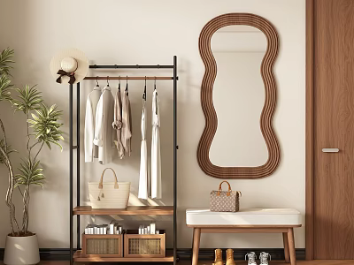 Clothes Rack with Hanging Clothes Straw Hat Beige Handbag Near Rattan Mirror Bench and Shoes 3d model