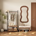Clothes Rack with Hanging Clothes Straw Hat Beige Handbag Near Rattan Mirror Bench and Shoes