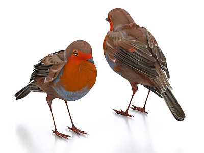 Two Small Birds With Orange Breasts And Brown Feathers Standing On White Background 3d model