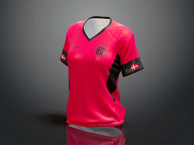 Red Sports Jersey With V Neck Black Sleeves And Denmark Flag Logo 3d model