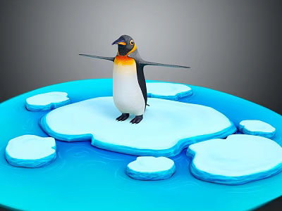 Penguin With Spread Wings On Ice Platform Surrounded By Small Ice Blocks In Blue Water 3d model