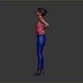 Woman In Red Floral Tank Top Blue Jeans And Black Boots On Gray Background