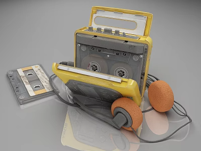 Vintage Yellow Audio Player With Headphones And Classic Cassette Tapes Setup 3d model