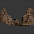 Cartoon Scene with Old Broken Stone Door Rocky Surroundings and Wooden Structure on Sandy Ground