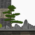 Courtyard Garden with Pine Tree Rock Formation Stone Slabs and Patterned Wall with Small Shrub 3d model