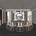 Modern Private Dining Room Interior With Round Table Chairs And Pendant Lights 3d model