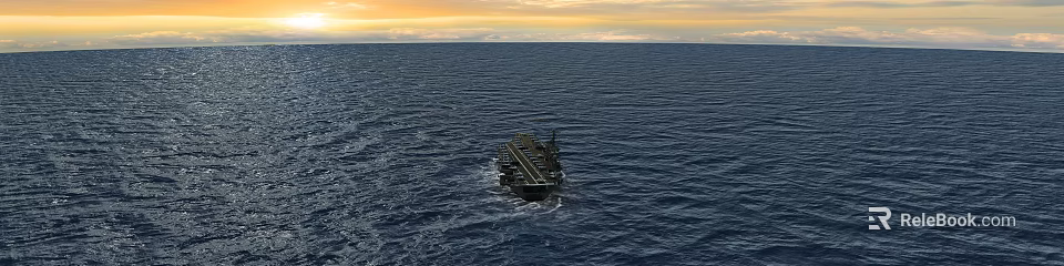 Sunset Over Ocean With Large Ship Sailing On Calm Blue Water 3d model 