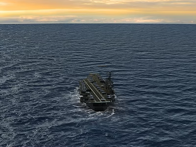 Sunset Over Ocean With Large Ship Sailing On Calm Blue Water 3d model