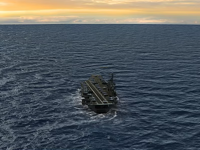 Sunset Over Ocean With Large Ship Sailing On Calm Blue Water 3d model