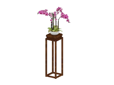 Wooden Plant Stand With Square Base Holding White Pot And Pink Orchids 3d model