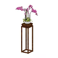 Wooden Plant Stand With Square Base Holding White Pot And Pink Orchids