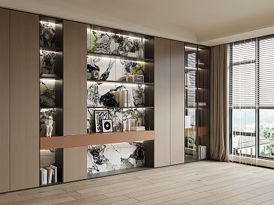 Modern Wooden Decorative Cabinet With Layered Shelves Built in Lighting And Decorative Items 3d model