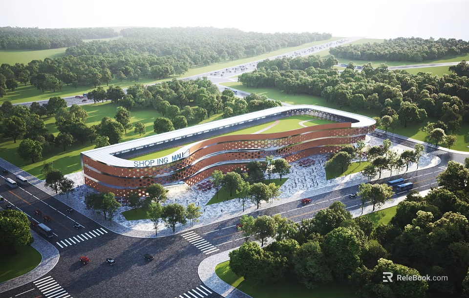 Aerial View Planning of Contemporary Sports Venue With Green Roof and Surrounding Trees Roads 3d model 
