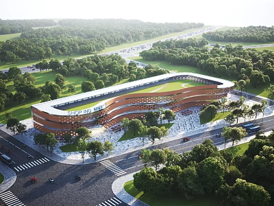 Aerial View Planning of Contemporary Sports Venue With Green Roof and Surrounding Trees Roads 3d model