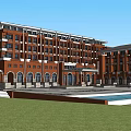 Red Brick Hotel Building With Multi story Structure Arched Windows And Front Pool 3d model