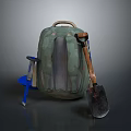 Practical Outdoor Living Supplies Including Green Backpack Blue Stool And Shovel