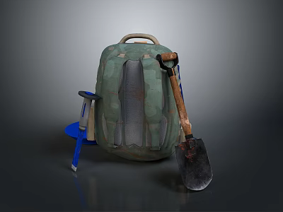 Practical Outdoor Living Supplies Including Green Backpack Blue Stool And Shovel 3d model