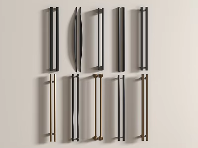 Modern Door Handles With Black And Gold Various Designs On Display Wall 3d model