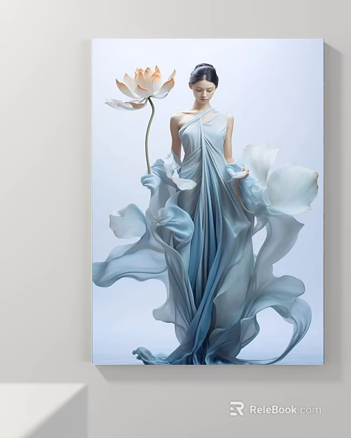 Elegant Woman Portrait In Blue Flowing Dress Holding White Lotus Flower With Flowing Fabric 3d model 