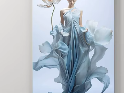Elegant Woman Portrait In Blue Flowing Dress Holding White Lotus Flower With Flowing Fabric 3d model