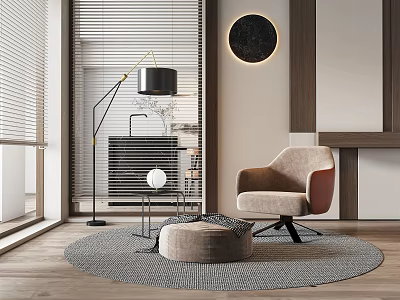 Modern Accent Chair with Round Ottoman Area Rug Floor Lamp and Circular Wall Art 3d model