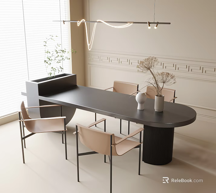 Modern Interior Black Table And Light Pink Chairs With Metal Frame And Decorative Vases 3d model 