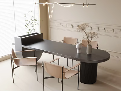Modern Interior Black Table And Light Pink Chairs With Metal Frame And Decorative Vases 3d model