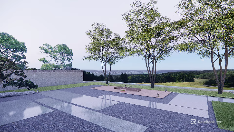 Garden Landscape Design With Trees Paved Area Seating And Distant Countryside View 3d model