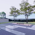 Garden Landscape Design With Trees Paved Area Seating And Distant Countryside View 3d model