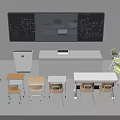 Classroom Desks Setup With Blackboard Colorful Chairs And Storage Cabinet