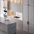 Modern Commercial Kitchen Interior With Marble Island Countertop And Stainless Steel Cabinets Appliances