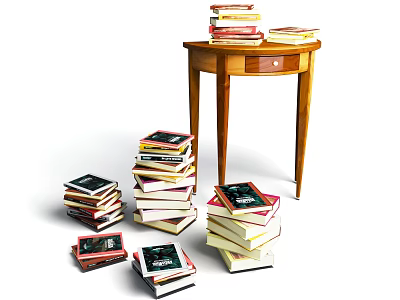 Functional Wooden Table Featuring Stacked Books Around and Top Book Stacks 3d model